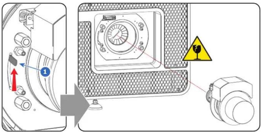Technical diagram showing mechanical assembly with labeled components and warning symbols