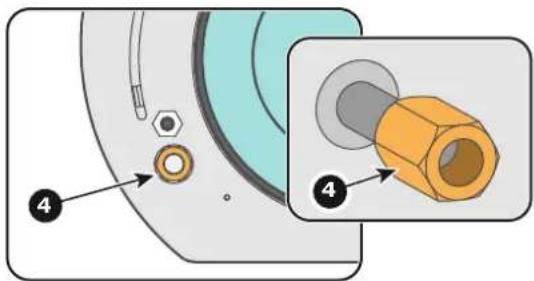 Technical diagram showing a mechanical component with labeled parts and an inset view of a yellow bolted joint.