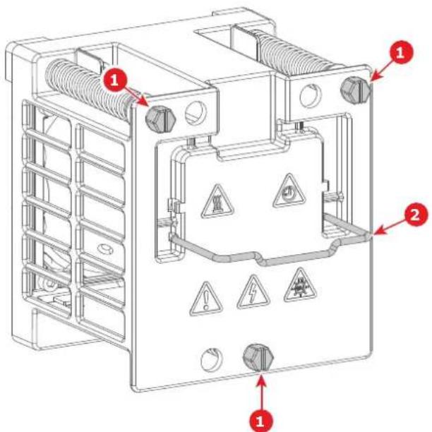 Technical diagram of an electrical enclosure with labeled components and warning symbols