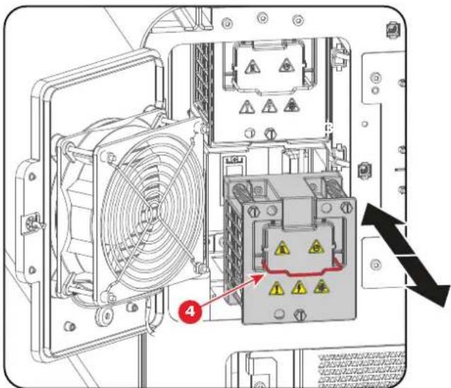 Technical diagram of an industrial power unit with labeled components and warning indicators