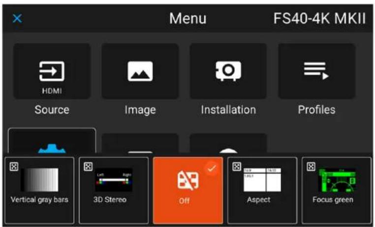 Menu FS40-4K MKII HDMI Source Image Installation Profiles Vertical gray bars 3D Stereo Off Aspect Focus green