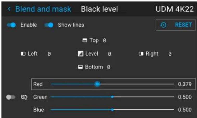 Blend and mask Black level UDM 4K22 Enable Show lines RESET Top 0 Left 0 Level 0 Right 0 Bottom 0 Red 0.379 Green 0.500 Blue 0.500