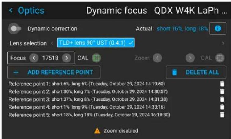 Optics Dynamic focus QDX W4K LaPh ... Dynamic correction Actual: short 16%, long 18% Lens selection < TLD+ lens 90° UST (0.4.1) > Focus < 17518 > CAL Add REFERENCE POINT DELETE ALL Reference point 1: short 6%, long 6% (Tuesday, October 29, 2024 14:19:50) Reference point 2: short 30%, long 7% (Tuesday, October 29, 2024 14:30:57) Reference point 3: short 37%, long 8% (Tuesday, October 29, 2024 14:31:38) Reference point 4: short 1%, long 9% (Tuesday, October 29, 2024 14:33:16) Reference point 5: short 18%, long 18% (Tuesday, October 29, 2024 16:18:30) Zoom disabled