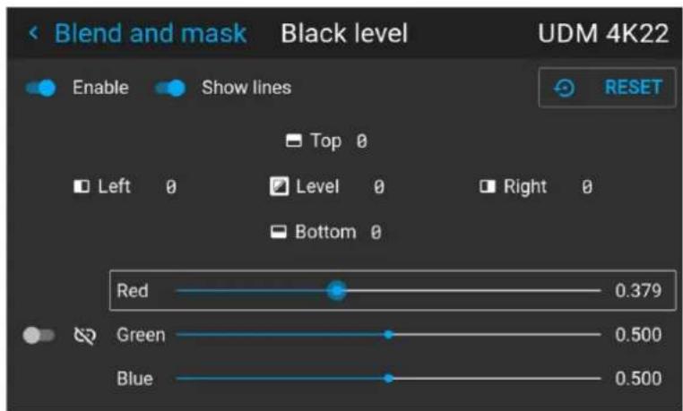Blend and mask Black level UDM 4K22 Enable Show lines RESET Top 0 Left 0 Level 0 Right 0 Bottom 0 Red 0.379 Green 0.500 Blue 0.500