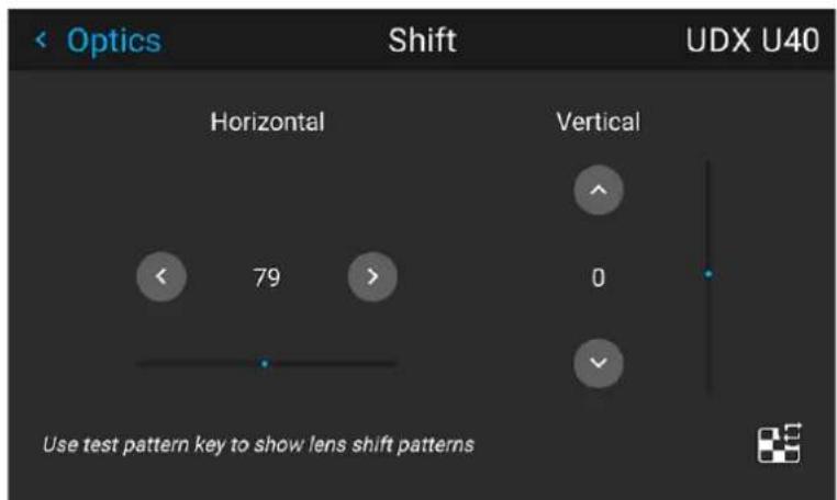 Optics Shift UDX U40 Horizontal Vertical 79 0 Use test pattern key to show lens shift patterns