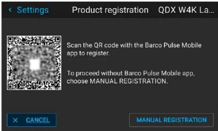Settings Product registration QDX W4K La... Scan the QR code with the Barco Pulse Mobile app to register. To proceed without Barco Pulse Mobile app, choose MANUAL REGISTRATION. × CANCEL MANUAL REGISTRATION