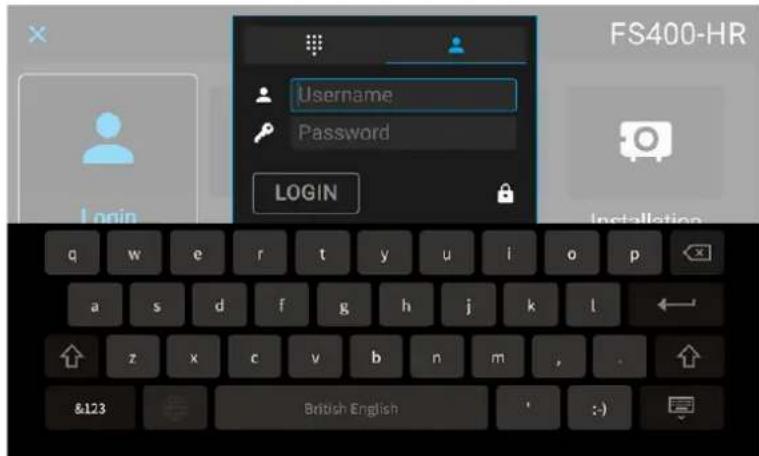 FS400-HR Username Password LOGIN q w e r t y u i o p a s d f g h j k l ← z x c v b n m , . &123 British English :)