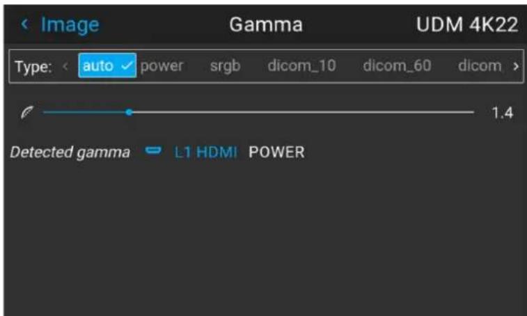 Image Gamma UDM 4K22 Type: auto power srgb dicom_10 dicom_60 dicom > 1.4 Detected gamma L1 HDMI POWER
