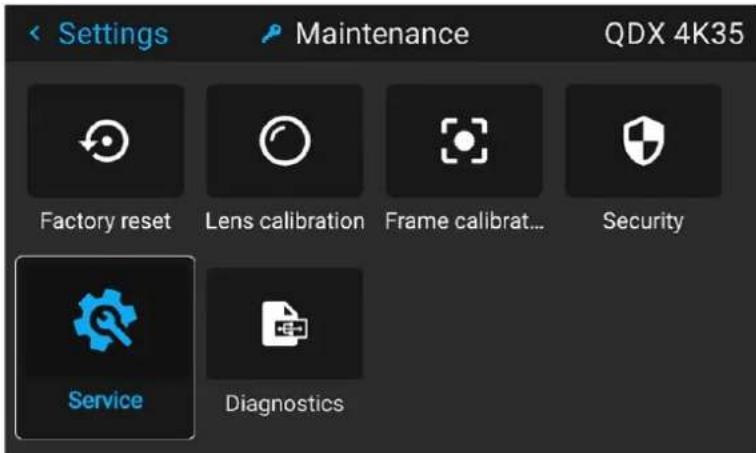 Settings Maintenance QDX 4K35 Factory reset Lens calibration Frame calibrat... Security Service Diagnostics