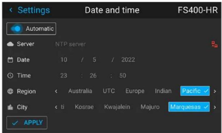 Settings Date and time FS400-HR Automatic Server NTP server Date 10 / 5 / 2022 Time 23 : 26 : 50 Region < Australia UTC Europe Indian Pacific > City < ti Kosrae Kwajalein Majuro Marquesas > ✓ APPLY