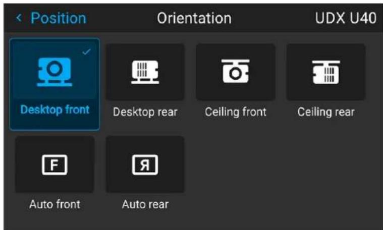 Position Orientation UDX U40 Desktop front Desktop rear Ceiling front Ceiling rear Auto front Auto rear