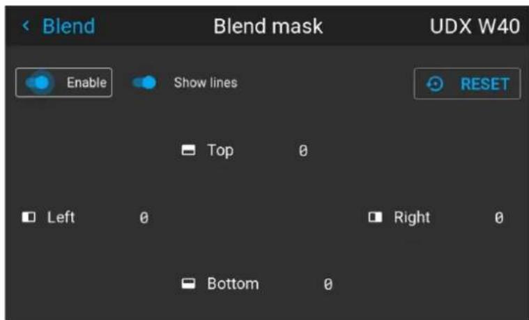 Blend Blend mask UDX W40 Enable Show lines RESET Top 0 Left 0 Right 0 Bottom 0