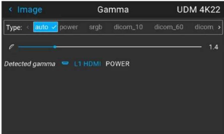 Image Gamma UDM 4K22 Type: auto power srgb dicom_10 dicom_60 dicom > 1.4 Detected gamma L1 HDMI POWER
