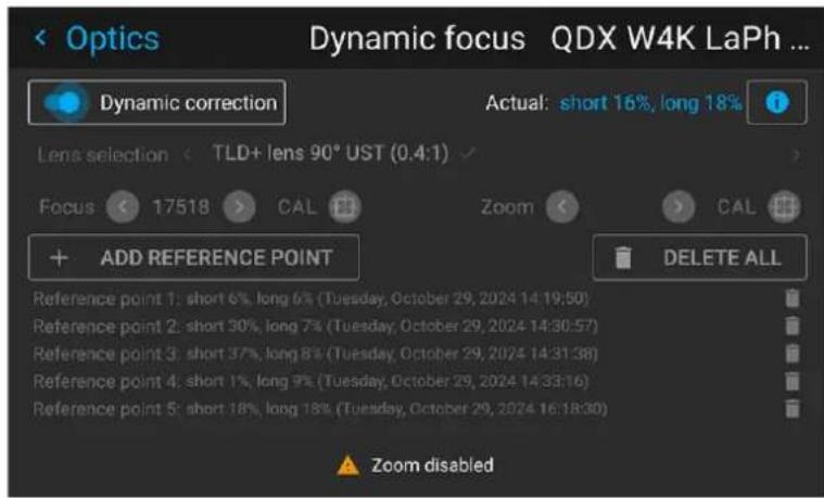 Optics Dynamic focus QDX W4K LaPh ... Dynamic correction Actual: short 16%, long 18% Lens selection < TLD+ lens 90° UST (0.4:1) Focus 17518 CAL Zoom CAL + ADD REFERENCE POINT DELETE ALL Reference point 1: short 6%, long 6% (Tuesday, October 29, 2024 14:19:50) Reference point 2: short 30%, long 7% (Tuesday, October 29, 2024 14:30:57) Reference point 3: short 37%, long 8% (Tuesday, October 29, 2024 14:31:38) Reference point 4: short 1%, long 9% (Tuesday, October 29, 2024 14:33:16) Reference point 5: short 18%, long 18% (Tuesday, October 29, 2024 16:18:30) Zoom disabled