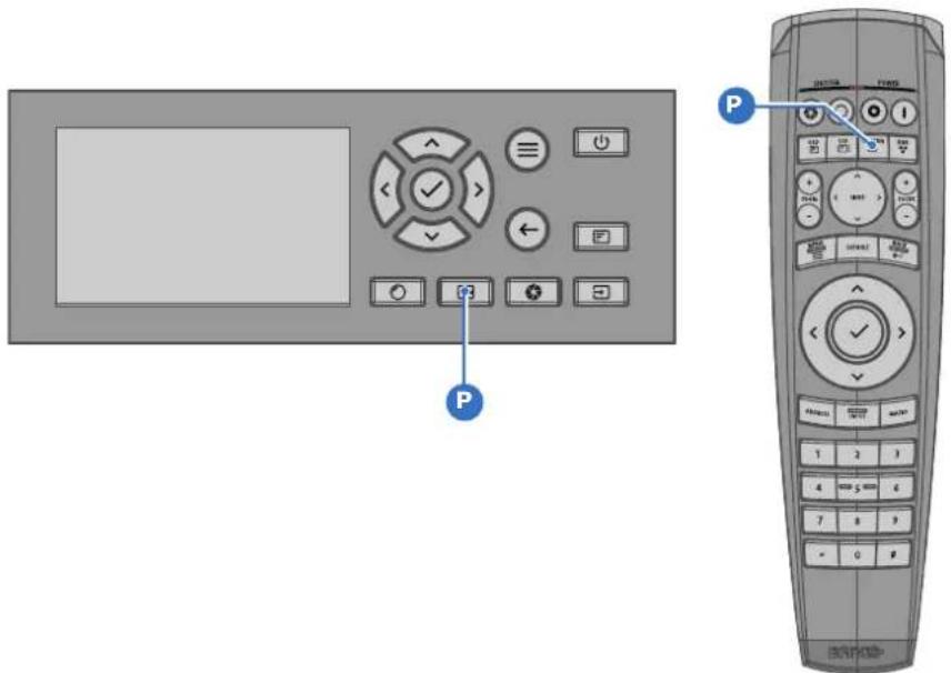 Diagram showing remote control panel with labeled buttons and a separate remote device with function keys and numeric keypad.