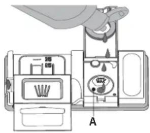 Diagram of a refrigerator interior with labeled compartments and hand holding lid, showing internal compartments and a water level indicator.