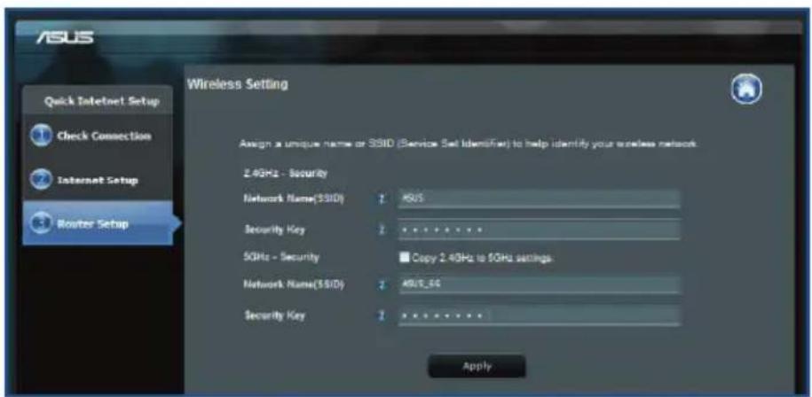 ASUS Quick Internet Setup Check Connection Internet Setup Router Setup Wireless Setting Assign a unique name or S3BID (Service Set Identifier) to help identify your wireless network. 2.4GHz - Security Network Name($BID) 1 ASUS Security Key 2 ****** 5GHz - Security 3 Copy 2.4GHz to 5GHz settings Network Name($BID) 4 ASUS_SG Security Key 5 ****** Apply