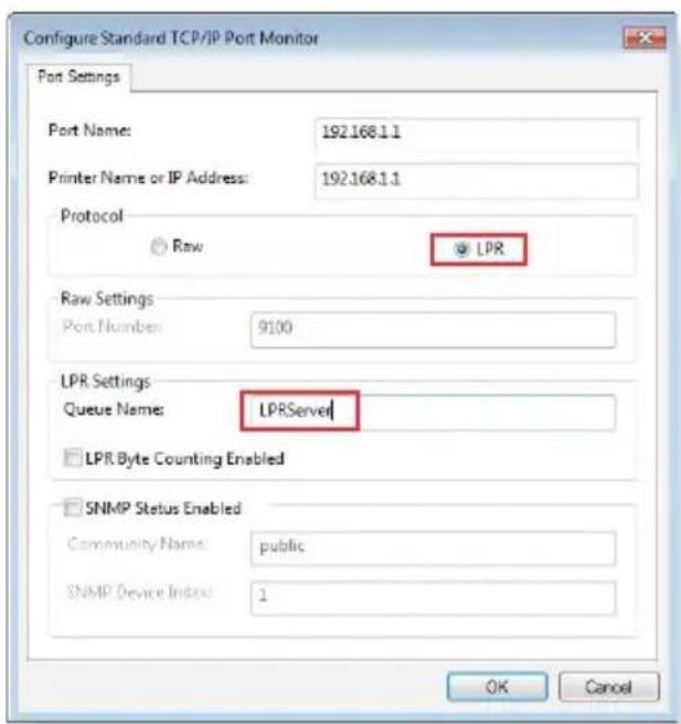 Configure Standard TCP/IP Port Monitor Port Settings Port Name: 192.168.1.1 Printer Name or IP Address: 192.168.1.1 Protocol Raw LPR Raw Settings Port Number: 9100 LPR Settings Queue Name: LPRServer LPR Byte Counting Enabled SNMP Status Enabled Community Name: public SNMP Device Index: 1 OK Cancel