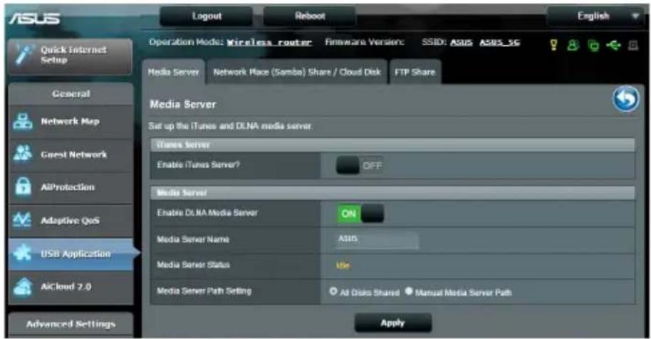 ASUS Logout Reboot Operation Mode: Wireless router Firmware Version: SSID: ASIS ASIS_SG Media Server Network Place (Samba) Share / Cloud Disk FTP Share Media Server Set up the iTunes and DLNA media server. iTunes Server Enable iTunes Server? OFF Media Server Enable Dx NA Media Server ON Media Server Name ASIS Media Server Status Mie Media Server Path Setting © At Disko Stand ● Manual Media Server Path Advanced Settings Apply