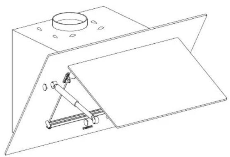 Technical line drawing of a mechanical assembly with a cylindrical component and a triangular frame (no text or symbols)