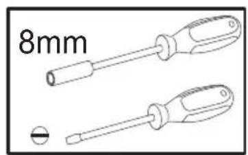 Technical line drawing of two screwdriver tools with a 8mm specification label (no other text or symbols)