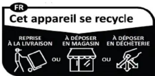 FR Cet appareil se recycle REPRISE À LA LIVRAISON À DÉPOSER EN MAGASIN À DÉPOSER EN DÉCHÈTERIE OU OU