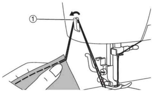 Technical diagram showing a sewing machine needle insertion mechanism with labeled component 1
