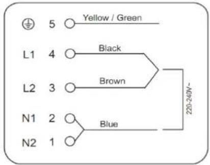 5 Yellow / Green L1 4 Black L2 3 Brown N1 2 Blue N2 1 220-240V~