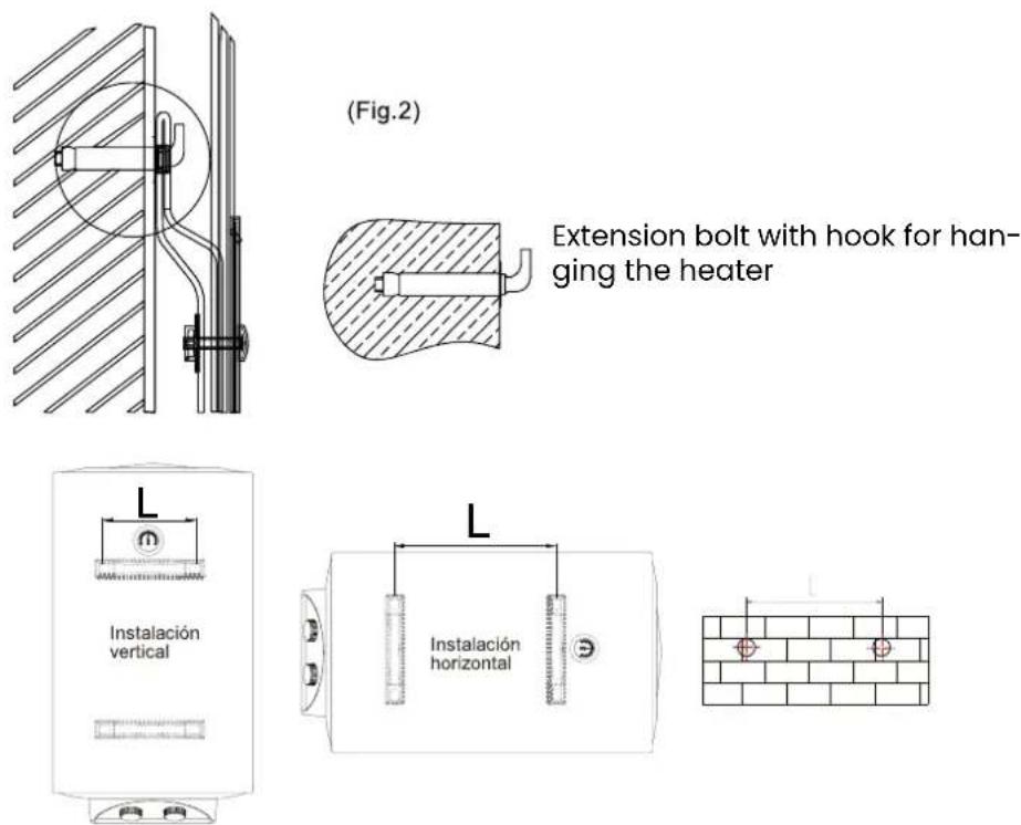 (Fig.2) Extension bolt with hook for han- ging the heater Instalación vertical Instalación horizontal