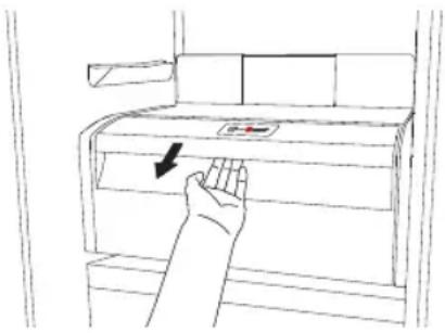 Hand placing a door lock on a cabinet, with a black arrow indicating the lock mechanism.