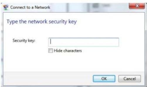 Connect to a Network Type the network security key Security key: Hide characters OK Cancel