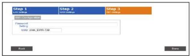 Step 1 LW Settings Step 2 WIFI Storage Step 3 WIFI Storage WiFi Configuration Password Setting SSID 2lmk_DWR-730 Back Done