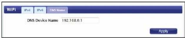 WIFI IPv2 IPv6 DNS Name DNS Device Name 192.168.0.1 Apply