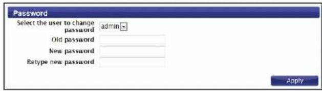 Password Select the user to change password admin Old password New password Retype new password Apply