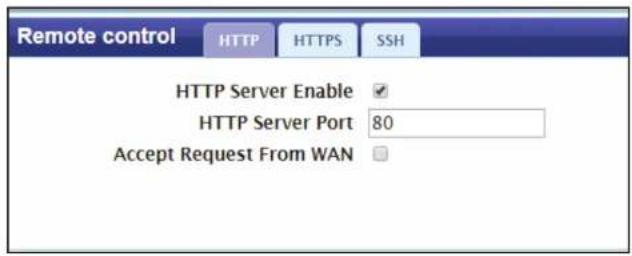 Remote control HTTP HTTPS SSH HTTP Server Enable ✓ HTTP Server Port 80 Accept Request From WAN □
