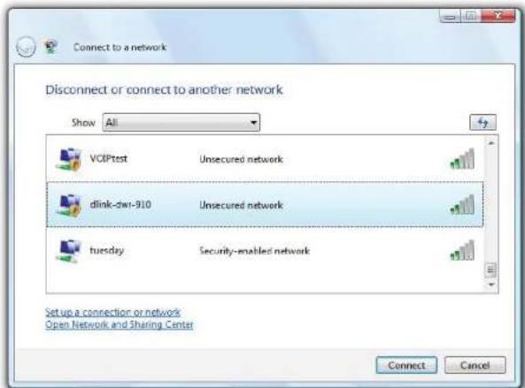 Connect to a network Disconnect or connect to another network Show All VCIPTest Unsecured network dlink-owr-910 Unsecured network tuesday Security-enabled network Setup a connection or network Open Network and Sharing Center Connect Cancel