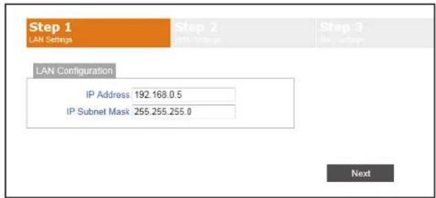 Step 1 LAN Settings Step 2 LAN Settings Step 3 LAN Configuration IP Address 192.168.0.5 IP Subnet Mask 255.255.255.0 Next