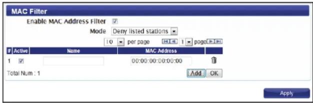 MAC Filter Enable MAC Address Filter ✓ Mode Deny listed stations 10 per page 1 page Active Name MAC Address 1 ✓ 00:00:00:00:00:00 Total Num : 1 Add OK Apply