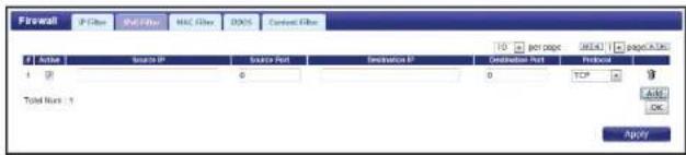 Firewall IP Filter MAC Filter ODOS Context Filter #1 Active Source IP Source Post Destination IP Destination Post Endpoint TCP Total Nurn: Apply
