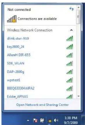 Not connected Connections are available Wireless Network Connection dlink-dwr-910 kay2690_24 AllenH DIR-655 SD6_WLAN DAP-2690g wpstest1 BBIQ633304WPA2 Eddie_APNAS Open Network and Sharing Center 1:30 PM 9/7/2009