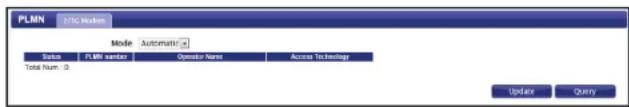 PLMN 2/3C Mode Mode Automatic System PLMN version Operator Name Access Technology Total Num: 0 Update Query