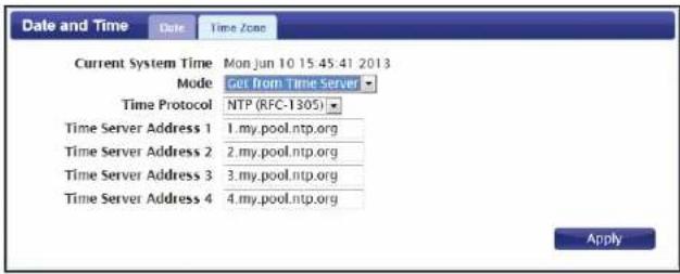 Date and Time Date Time Zone Current System Time Mon Jun 10 15 45:41 2013 Mode Get From Time Server Time Protocol NTP (RFC-1305) Time Server Address 1 1.my.pool.ntp.org Time Server Address 2 2.my.pool.ntp.org Time Server Address 3 3.my.pool.ntp.org Time Server Address 4 4.my.pool.ntp.org Apply