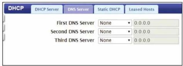 DHCP DHCP Server DNS Server Static DHCP Leased Hosts First DNS Server None 0.0.0.0 Second DNS Server None 0.0.0.0 Third DNS Server None 0.0.0.0