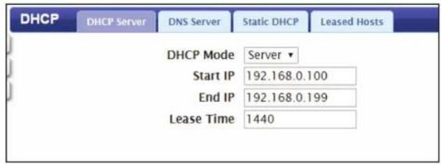 DHCP DHCP Server DNS Server Static DHCP Leased Hosts DHCP Mode Server ▼ Start IP 192.168.0.100 End IP 192.168.0.199 Lease Time 1440