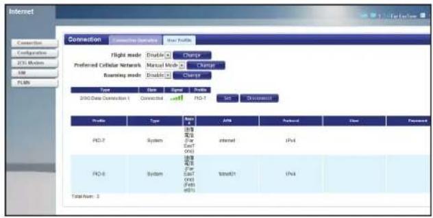 Internet Connection Configuration 2011 Windows USB PLNB Connection Connecting networks New Profile Flight mode Double Change Preferred Cellular Network Manual Mode Change Roaming mode Double Change Type New Signal Profile FICO Data Connection 1 Connected FIO-7 SET CHI command Profile Type New APM Reduced Close Performance FIO-7 System 连接電流 (或某EanT One) (或某EanT One) FIO-8 System 连接電流 (或某EanT One) (FioS eFS) Total: 3 Internal iPort Total: 3 Total: 3