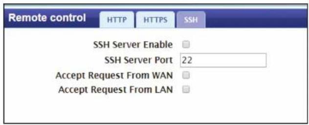 Remote control HTTP HTTPS SSH SSH Server Enable SSH Server Port 22 Accept Request From WAN Accept Request From LAN