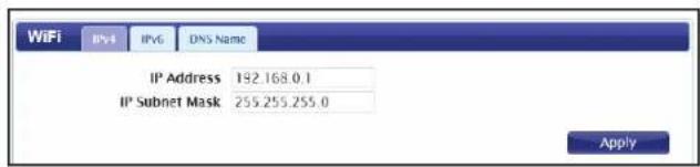 WiFi IPv4 IPv6 DNS Name IP Address 192.168.0.1 IP Subnet Mask 255.255.255.0 Apply