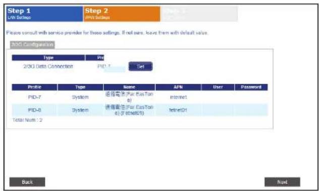 Step 1 UAN Backup Step 2 UAN Backup Please consult with service provider for these settings. If not sure, leave them with default value. 200G Configuration Type Prp 200G Data Connection PID-7 Get Profileipe Type Name AFN User Password PID-7 System 通信需信(Fair East Tan) e) Internet PID-8 System 通信需信(Fair East Tan) e) Internet Total Num 1 2 Internet Back Next
