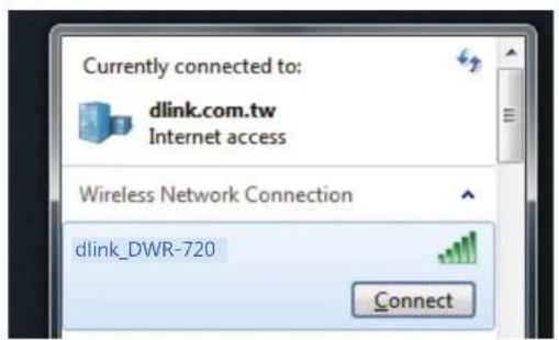 Currently connected to: dlink.com.tw Internet access Wireless Network Connection dlink_DWR-720 Connect