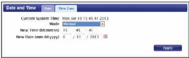 Date and Time Date Time Zone Current System Time Mon Jun 10 15:45:41 2013 Mode Manual New Time (hh:mm:ss) 15 : 45 : 41 New Date (mm-dd-yyyy) 6 / 10 / 2013 Apply